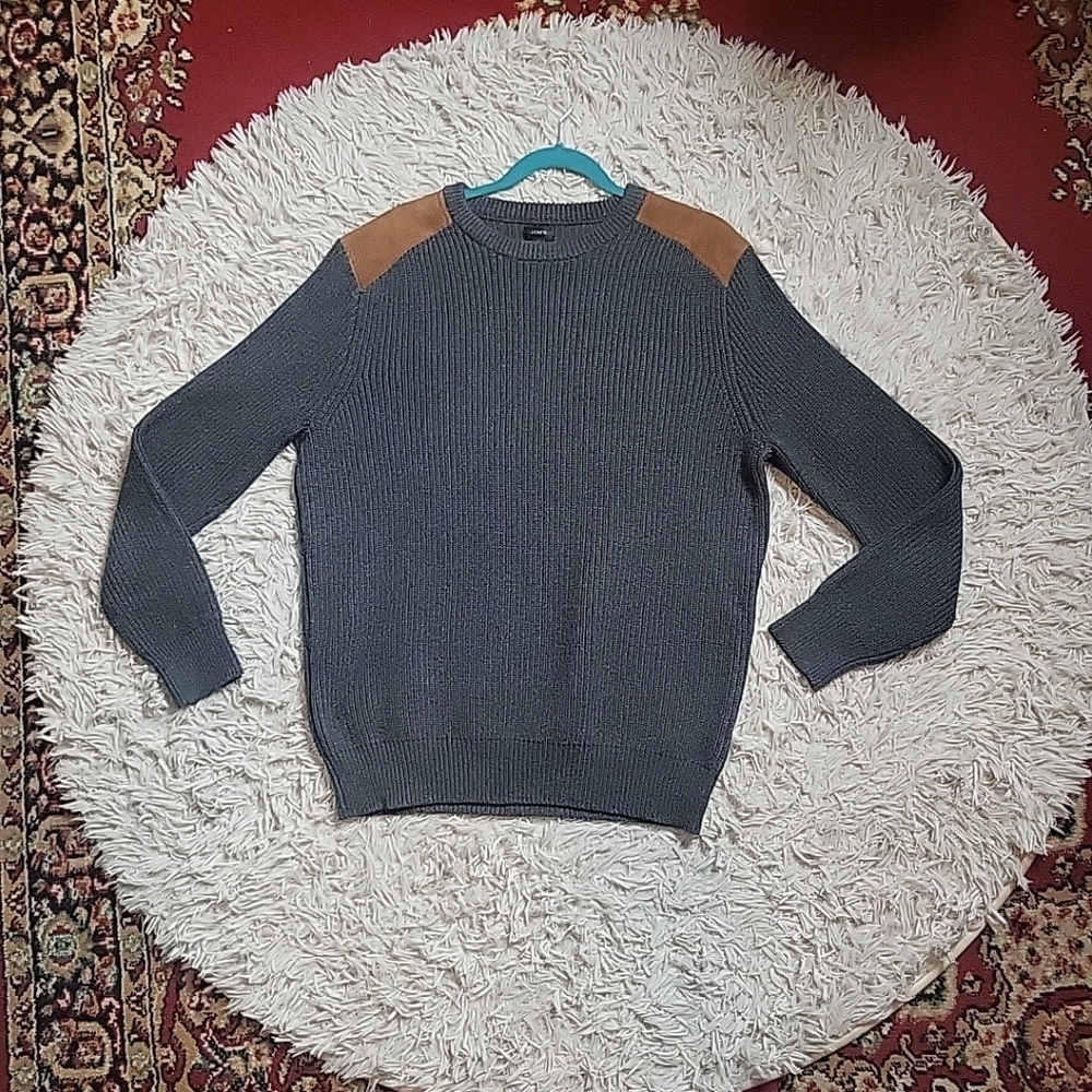 J.Crew Woodsman Knit Sweater Leather Shoulder Patches Cotton Gray Size Large L ✨